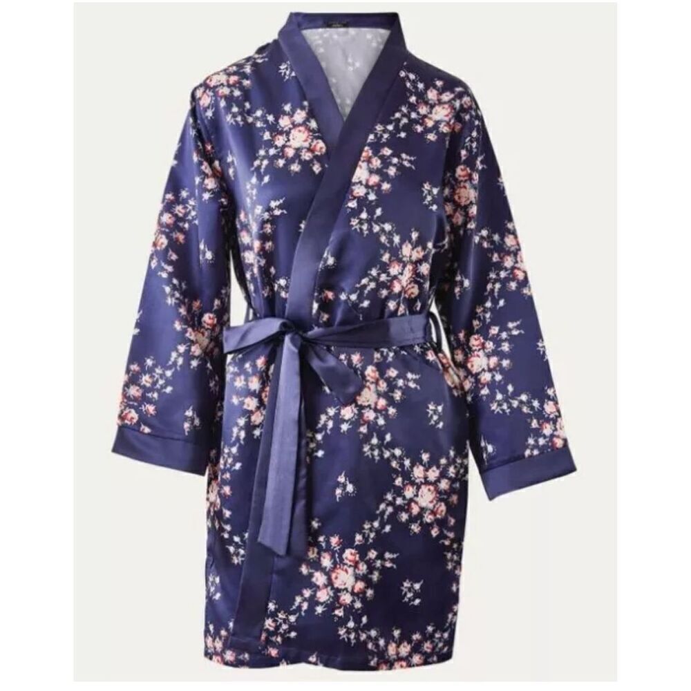 Morgan Lane Fab Fit Fun Satin Short Navy Blue Floral Allie Robe New Size S/M